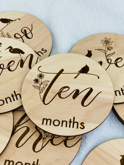 Flower and Bird Baby Month Discs | wood