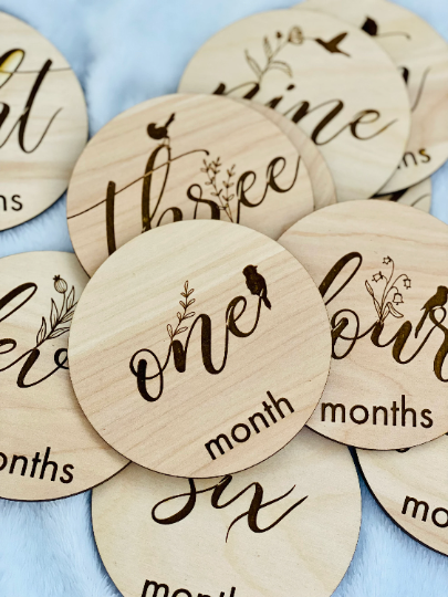 Flower and Bird Baby Month Discs | wood